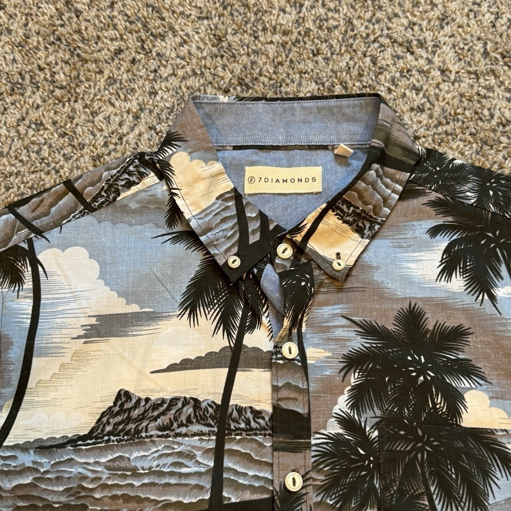 7 DIAMONDS PALM OCEAN PRINT SHORT SLEEVE COTTON SHIRT SIZE Large SLIM FIT - Picture 2 of 5